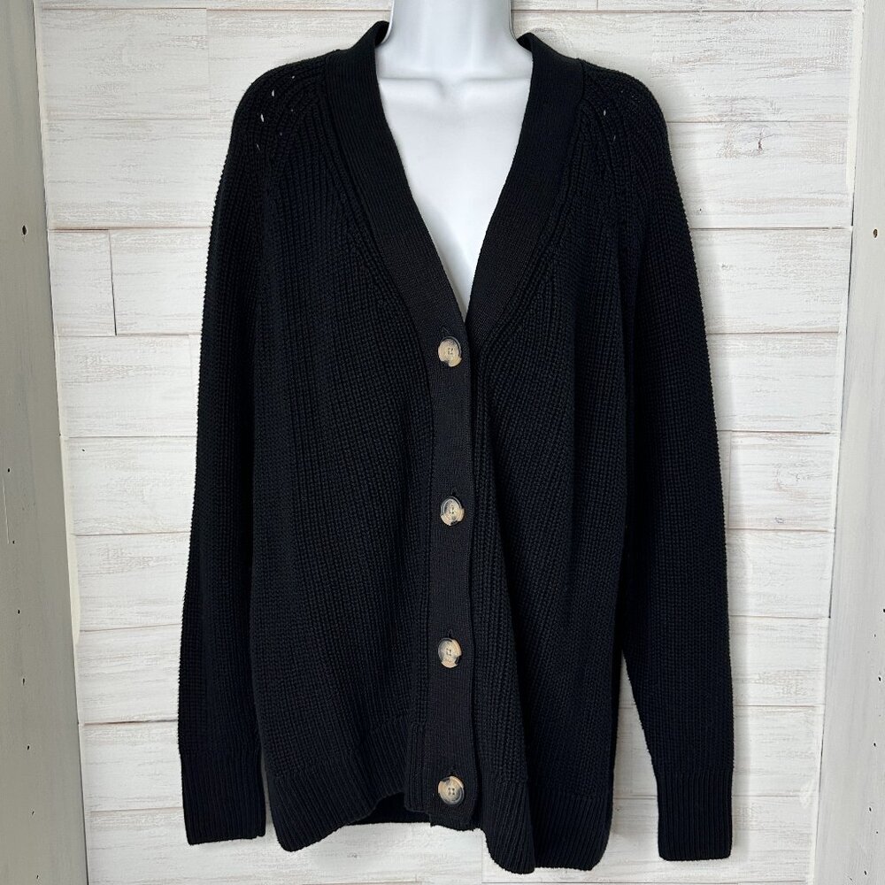 NWT Gap Womens 100% Cotton Tortoise Button Oversized Black Cardigan Size Large - Picture 2 of 11